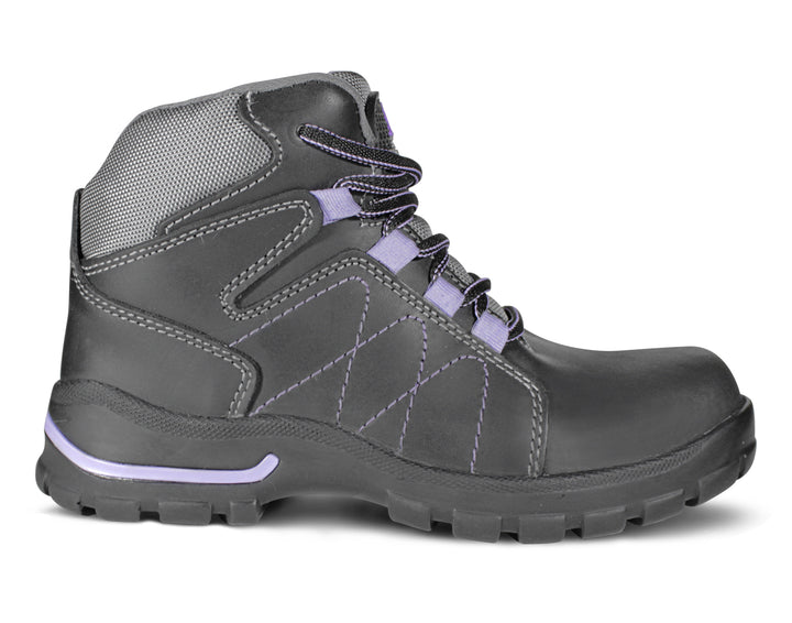 Botas de seguridad Armada Napa para mujer en color negro con costuras y detalles en morado.