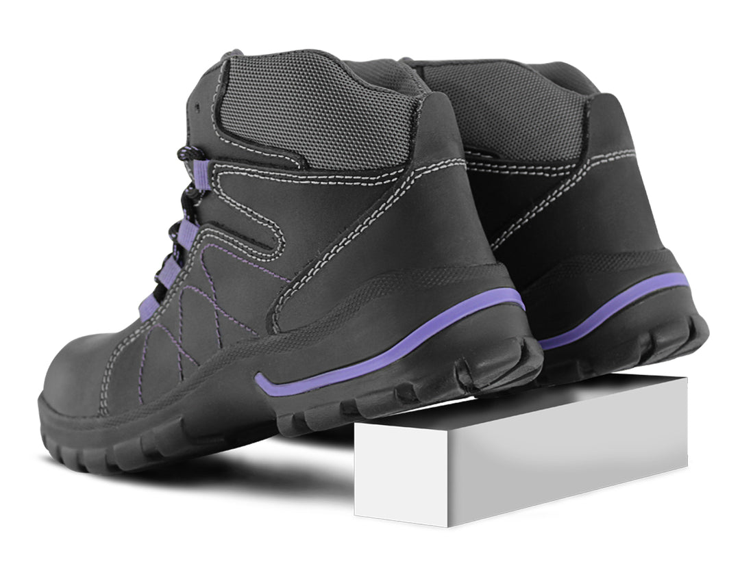 Botas de seguridad Armada Napa para mujer en color negro con costuras y detalles en morado.