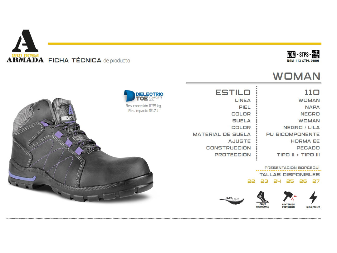 Botas de seguridad Armada Napa para mujer en color negro con costuras y detalles en morado.