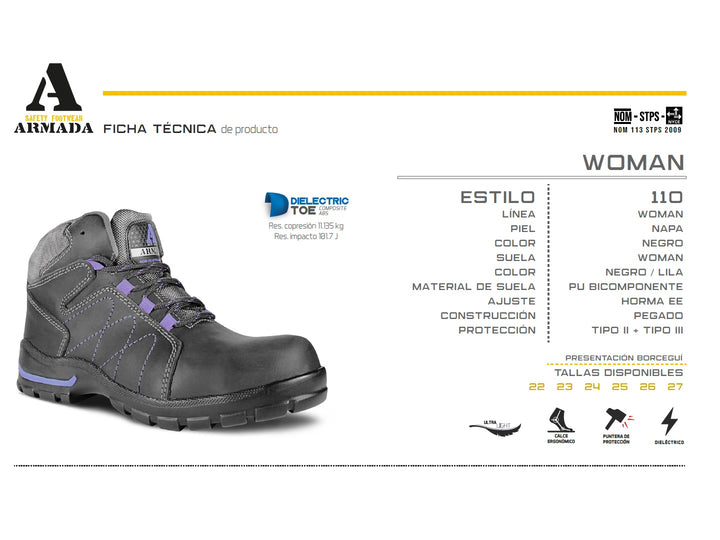 Botas de seguridad Armada Napa para mujer en color negro con costuras y detalles en morado.