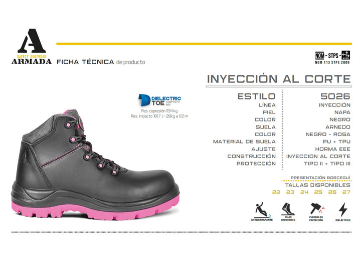 Botas de seguridad Armada en color negro con suela rosa para mujer