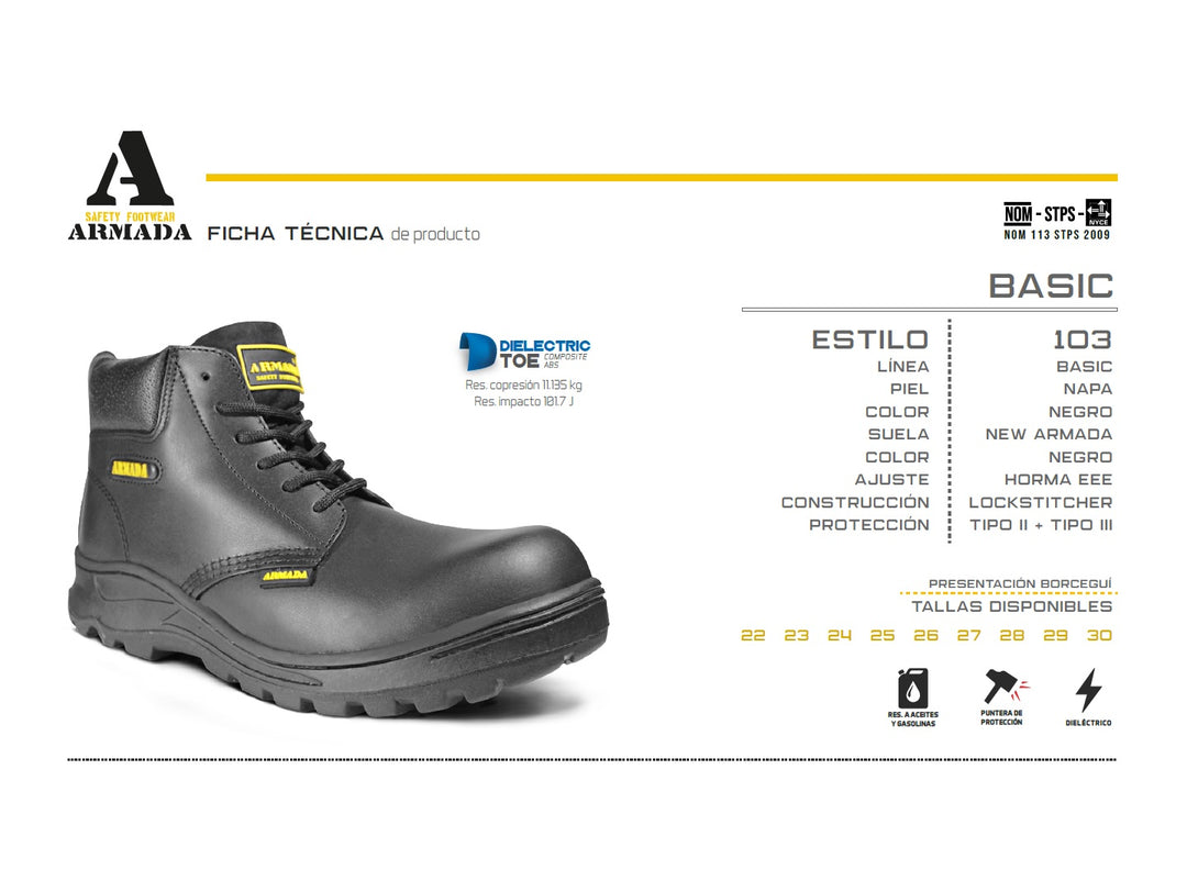 Bota de seguridad ARMADA en color negro, fabricada en cuero napa con cordones y suela robusta.