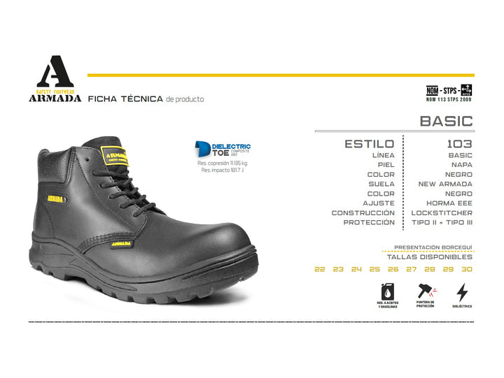 Bota de seguridad ARMADA en color negro, fabricada en cuero napa con cordones y suela robusta.