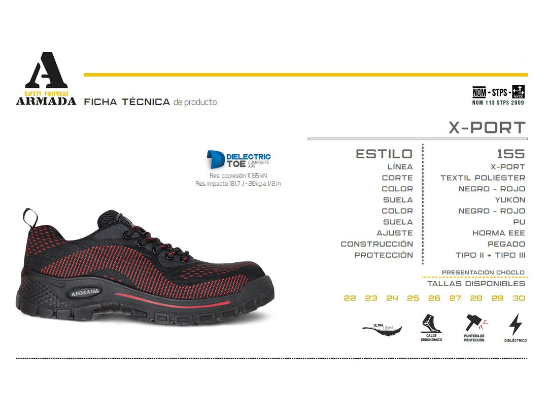 Tenis deportivos Armada color negro con detalles en rojo y suela robusta.