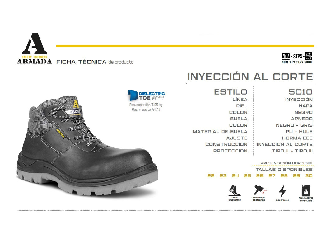 Botas de seguridad Armada color negro con cuello y suela en color gris.