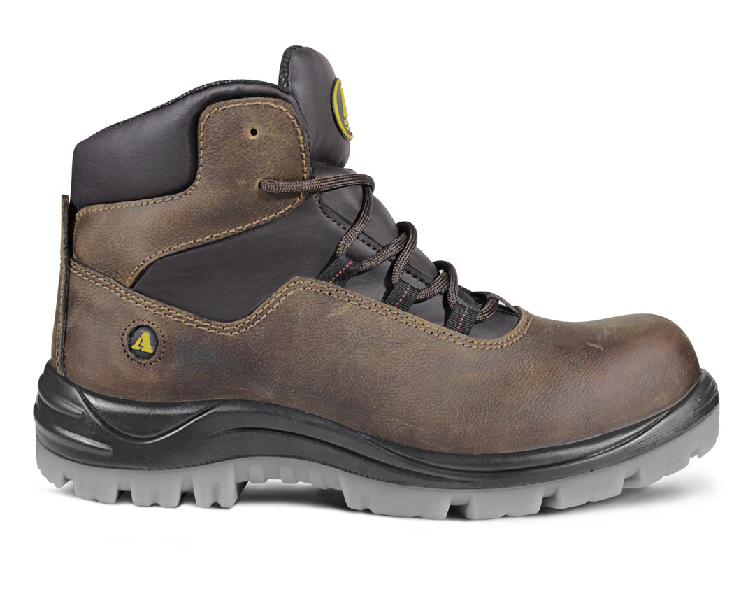 Bota de seguridad ARMADA color terracota con suela gris y negra para hombre.