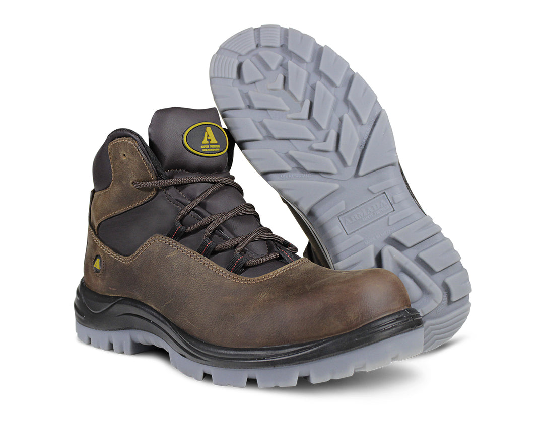 Bota de seguridad ARMADA color terracota con suela gris y negra para hombre.