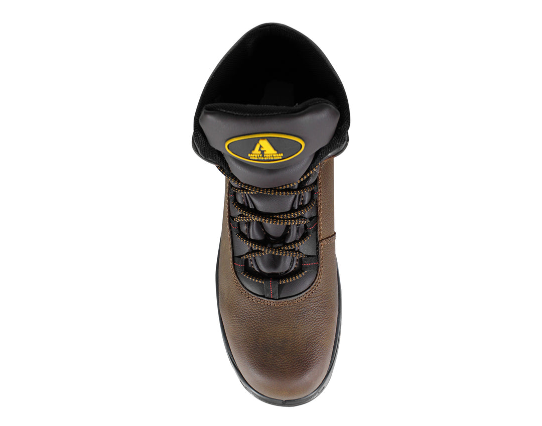 Bota de seguridad ARMADA color terracota con suela gris y negra para hombre.