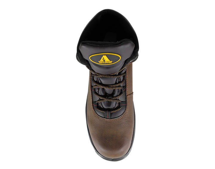 Bota de seguridad ARMADA color terracota con suela gris y negra para hombre.