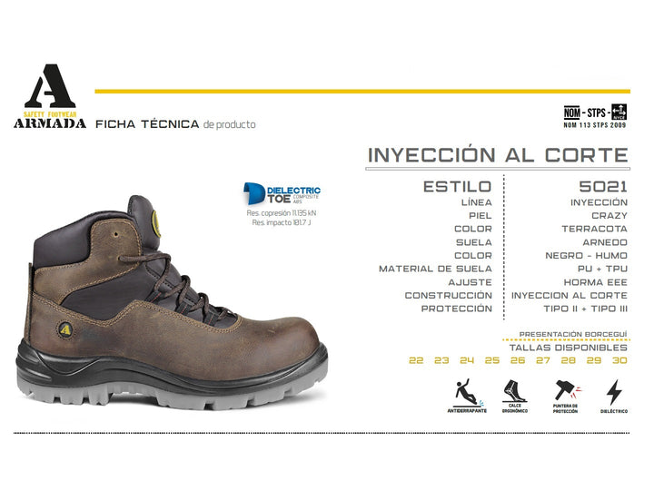 Bota de seguridad ARMADA color terracota con suela gris y negra para hombre.