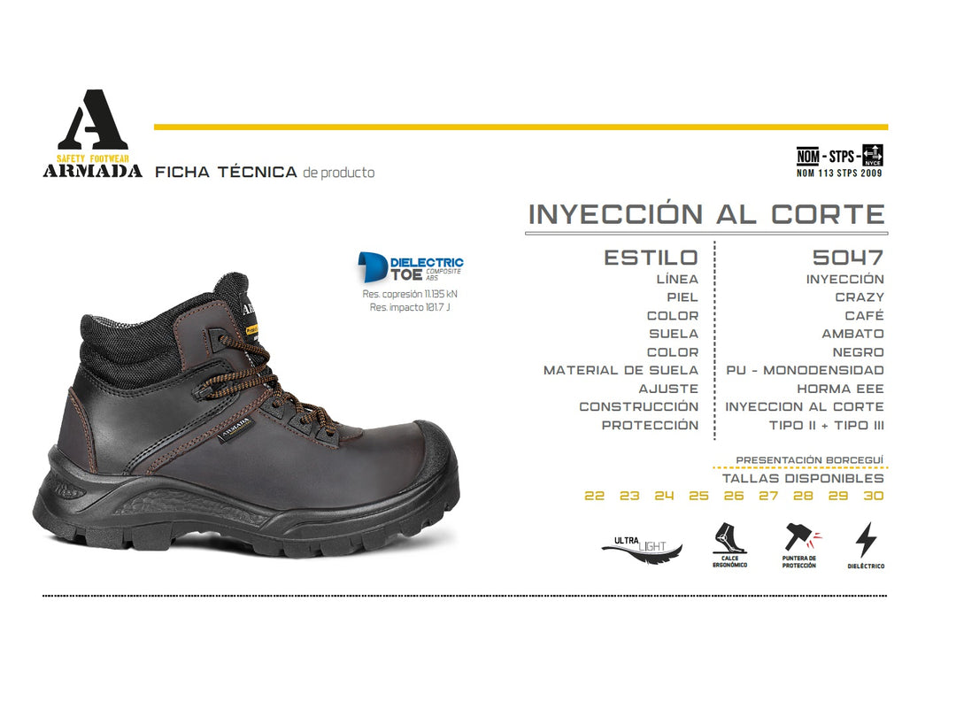 Botas de seguridad ARMADA color café para hombre con punta reforzada y suela robusta.