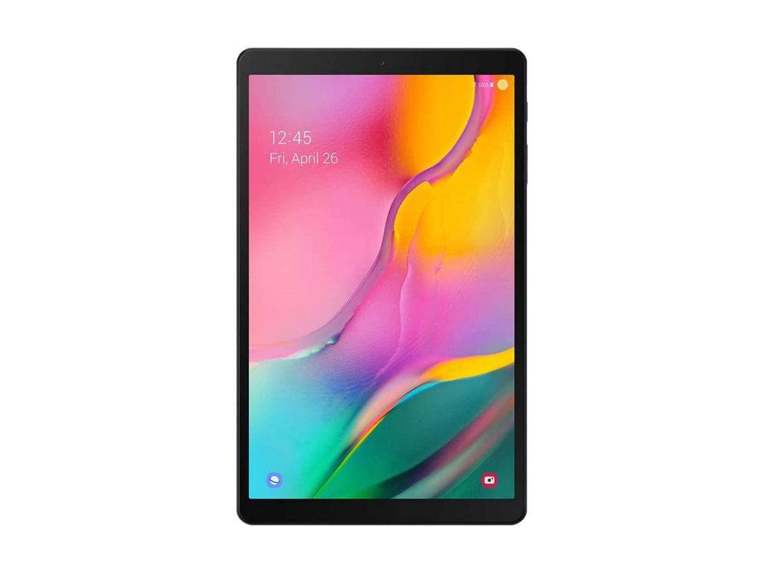 Tablet Samsung Galaxy Tab A color negro con pantalla encendida y fondo multicolor.