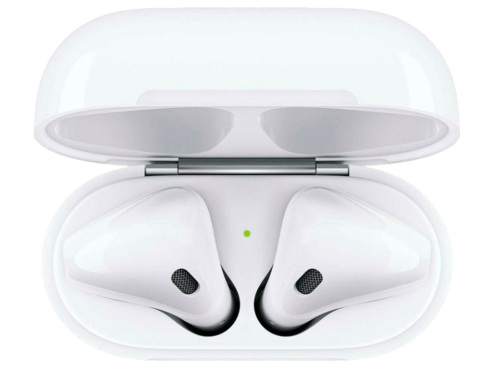 Audífonos Apple de segunda generación color blanco con su estuche de carga sobre fondo blanco.