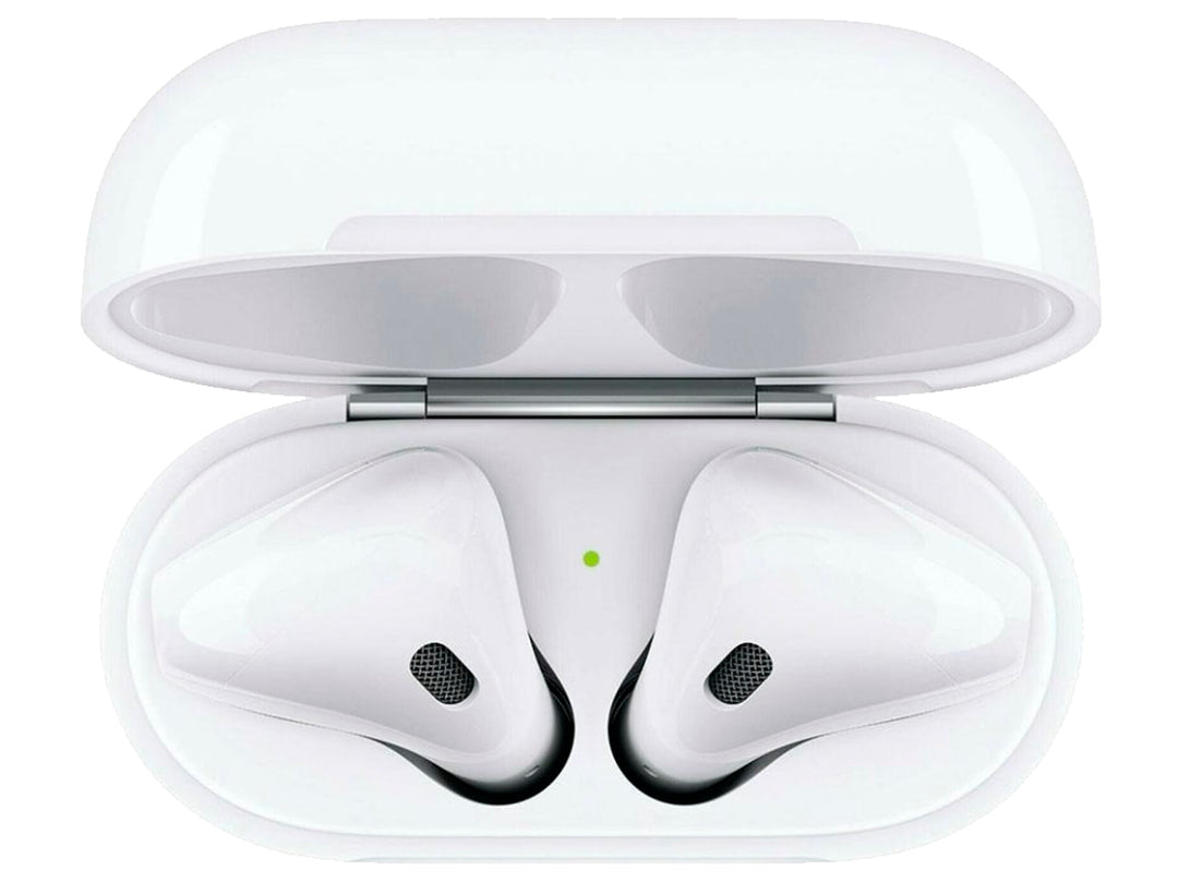 Audífonos Apple de segunda generación color blanco con su estuche de carga sobre fondo blanco.