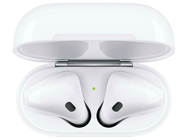 Audífonos Apple de segunda generación color blanco con su estuche de carga sobre fondo blanco.