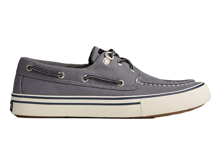 Zapato casual Sperry color gris con suela blanca y detalles en azul marino, estilo náutico.
