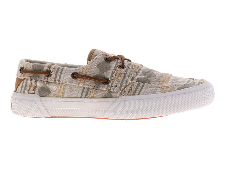 Zapatilla Sperry color taupe con tejido tipo sarape, cordones marrones y suela blanca.