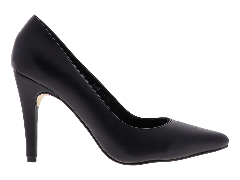 Zapato de tacón alto color negro con un pequeño detalle dorado en la parte posterior.