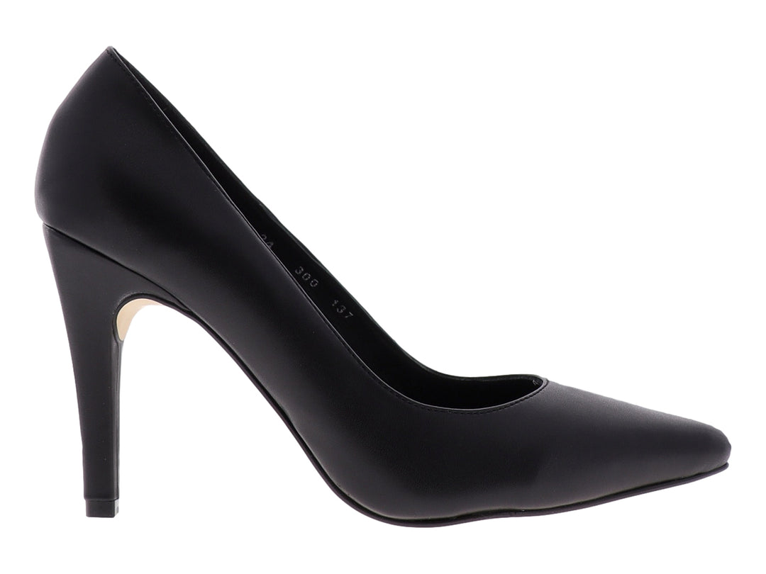 Zapato de tacón alto color negro con un pequeño detalle dorado en la parte posterior.
