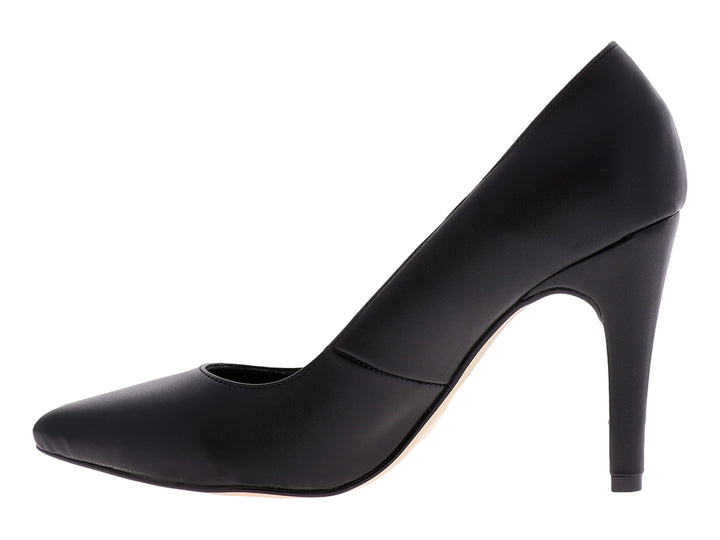 Zapato de tacón alto color negro con un pequeño detalle dorado en la parte posterior.