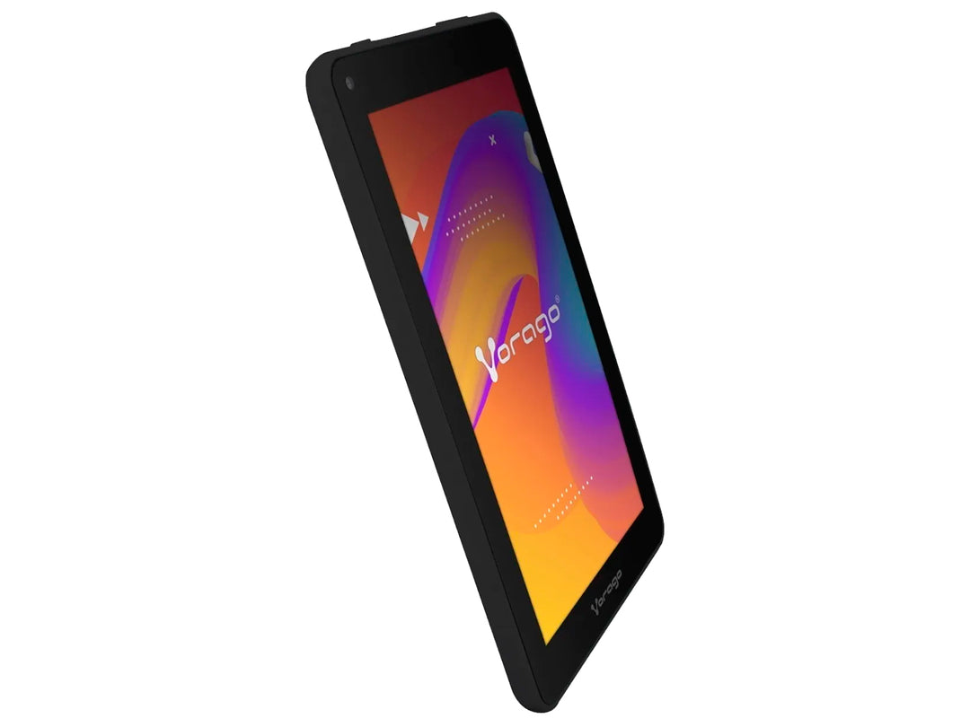 Tablet Vorago Pad 7 de color negro con pantalla encendida mostrando fondo colorido.