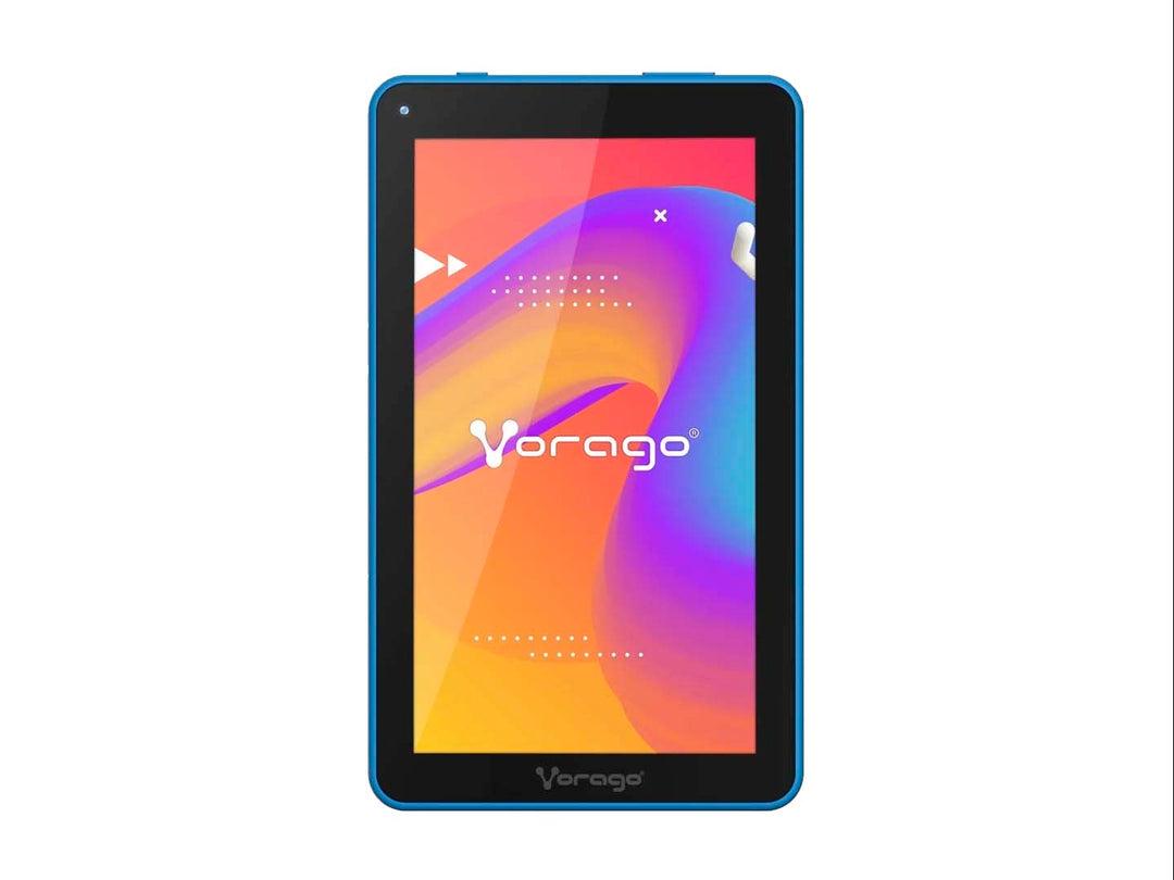 Tablet Vorago de 7 pulgadas en color azul con pantalla encendida mostrando fondo colorido.