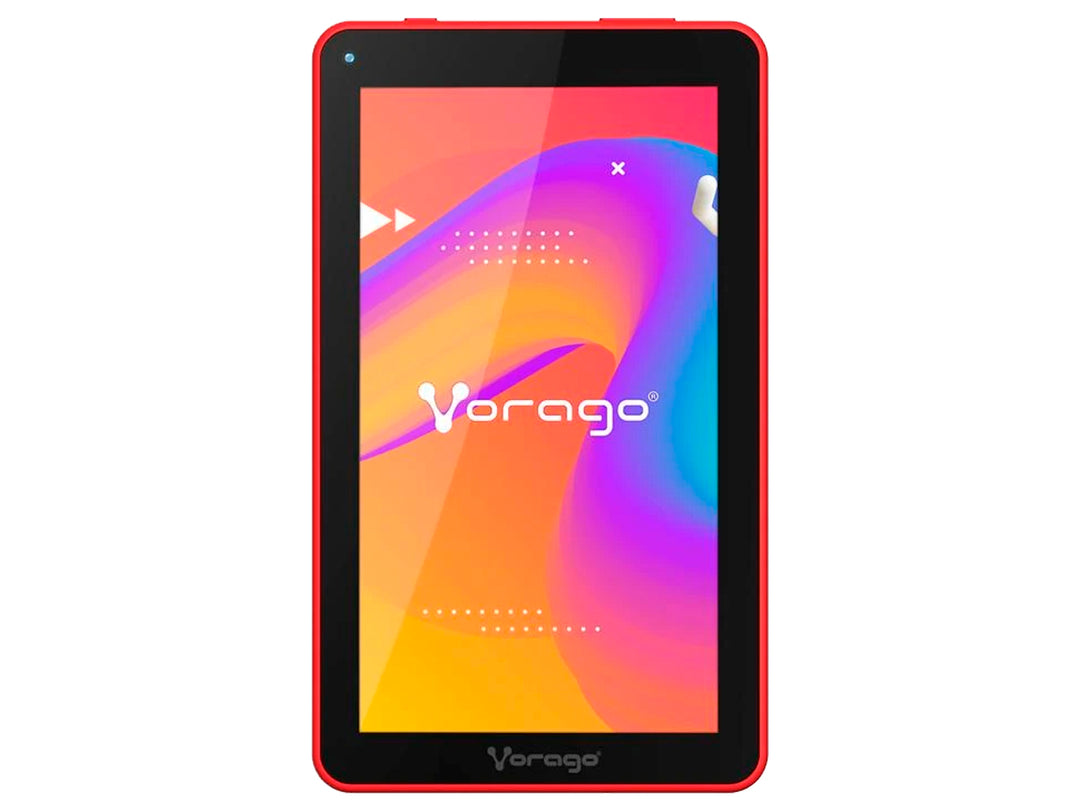 Tablet Vorago de 7 pulgadas con carcasa color rojo y marcos frontales negros.