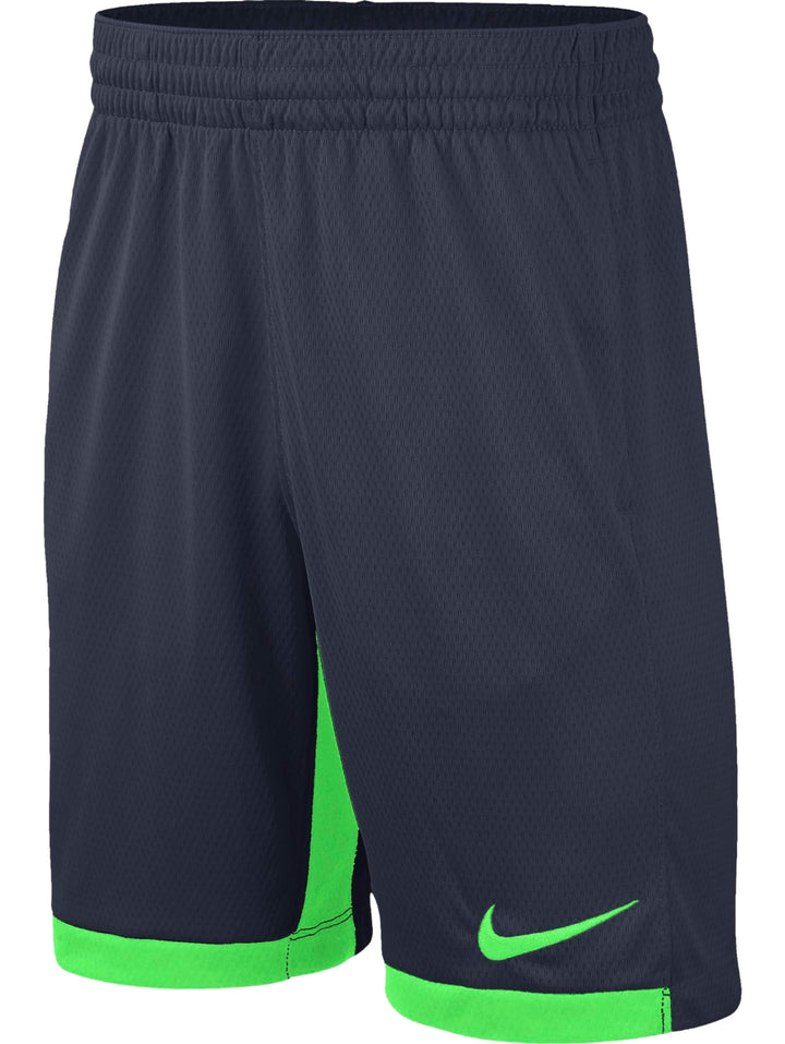 Pantalones cortos deportivos Nike en color azul con detalles y logo en verde brillante.