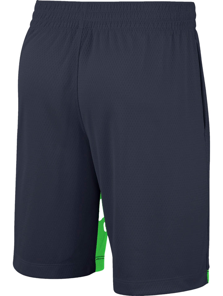 Pantalones cortos deportivos Nike en color azul con detalles y logo en verde brillante.