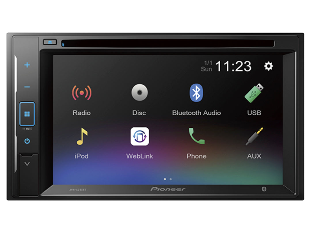 Reproductor multimedia Pioneer AVH-A245BT de color negro con pantalla táctil de 6.2 pulgadas y botones laterales.