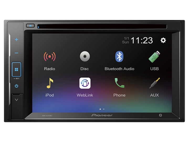 Reproductor multimedia Pioneer AVH-A245BT de color negro con pantalla táctil de 6.2 pulgadas y botones laterales.