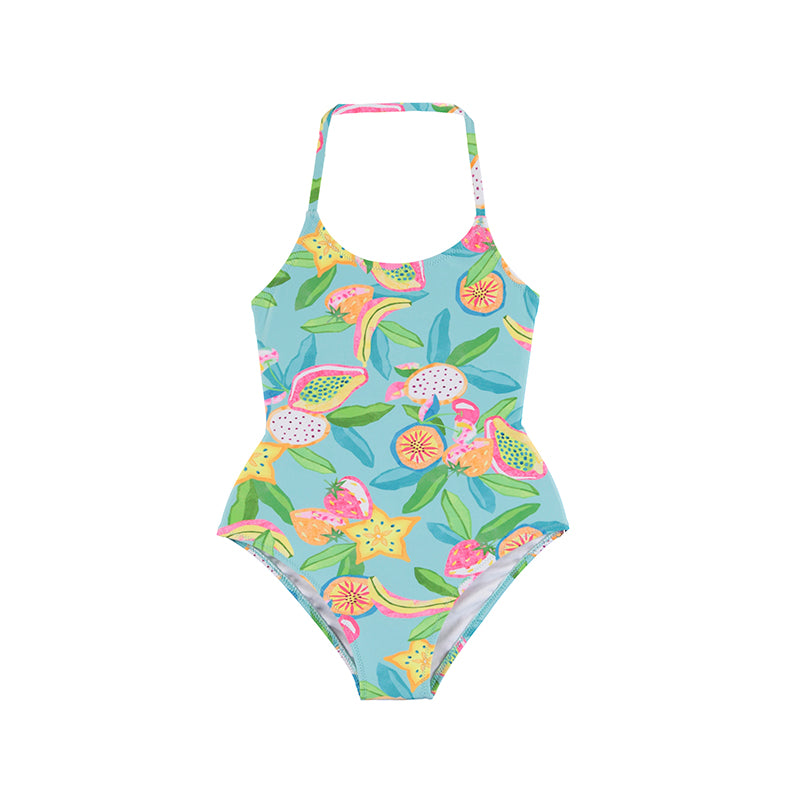Traje de baño de una pieza color azul con estampado colorido de frutas tropicales para niña.