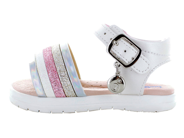 Sandalias blancas para niña con tiras en rosa y plata con glitter y cierre de hebilla.