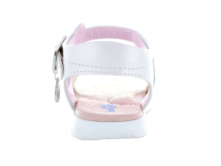 Sandalias blancas para niña con tiras en rosa y plata con glitter y cierre de hebilla.