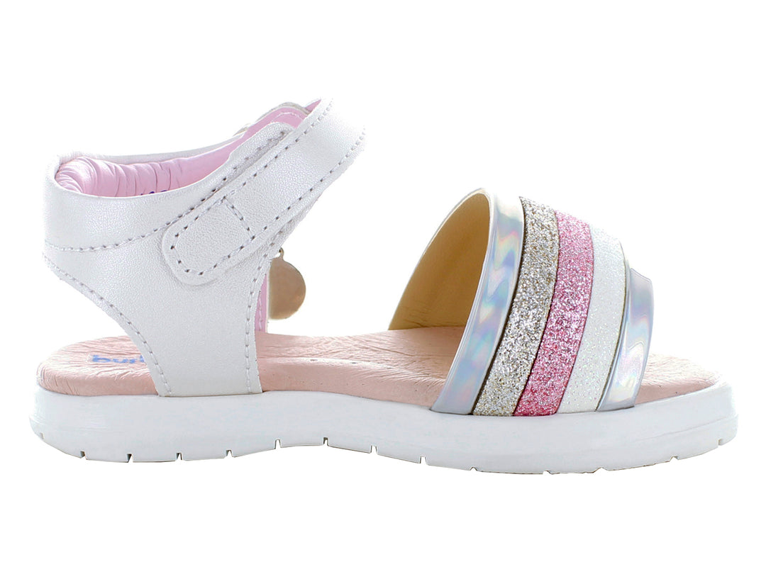 Sandalias blancas para niña con tiras en rosa y plata con glitter y cierre de hebilla.