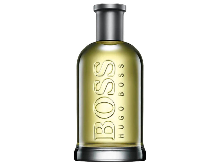 Perfume Hugo Boss Bottled en frasco de vidrio con líquido amarillo y su caja gris plateada.