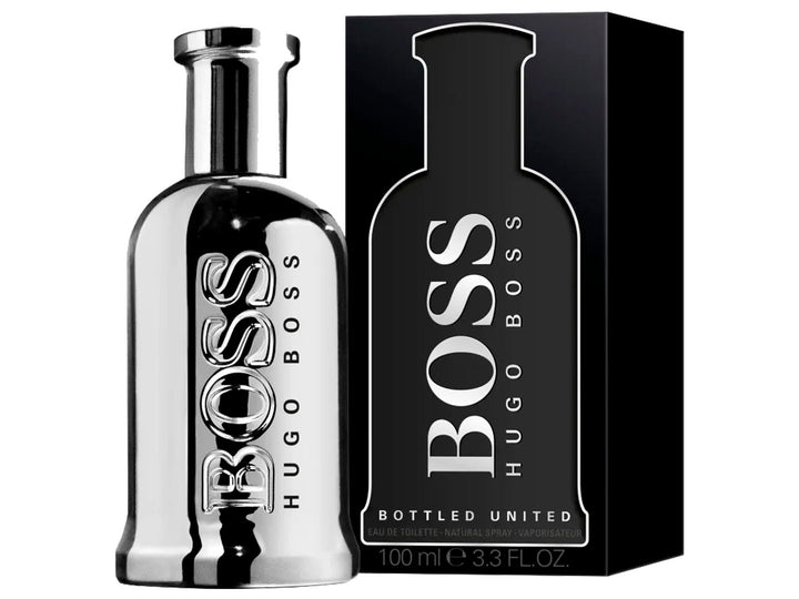 Frasco de perfume Hugo Boss Bottled Unlimited en color plata brillante junto a su caja negra.