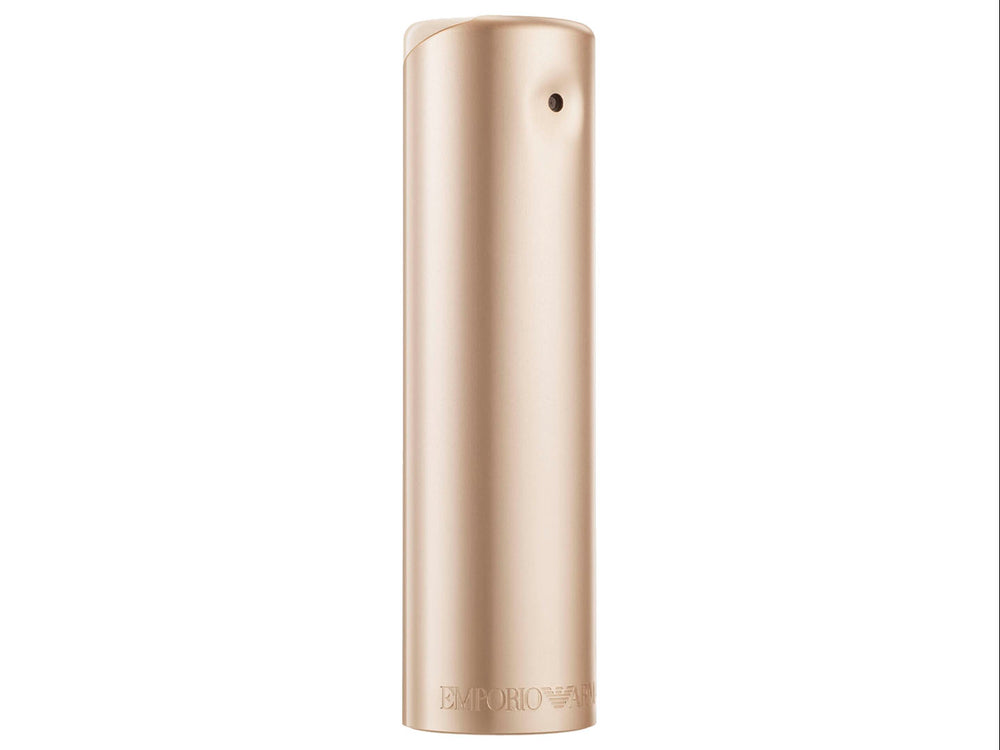 Perfume Emporio Armani Ella en color oro rosa, incluye frasco cilíndrico y caja rectangular.