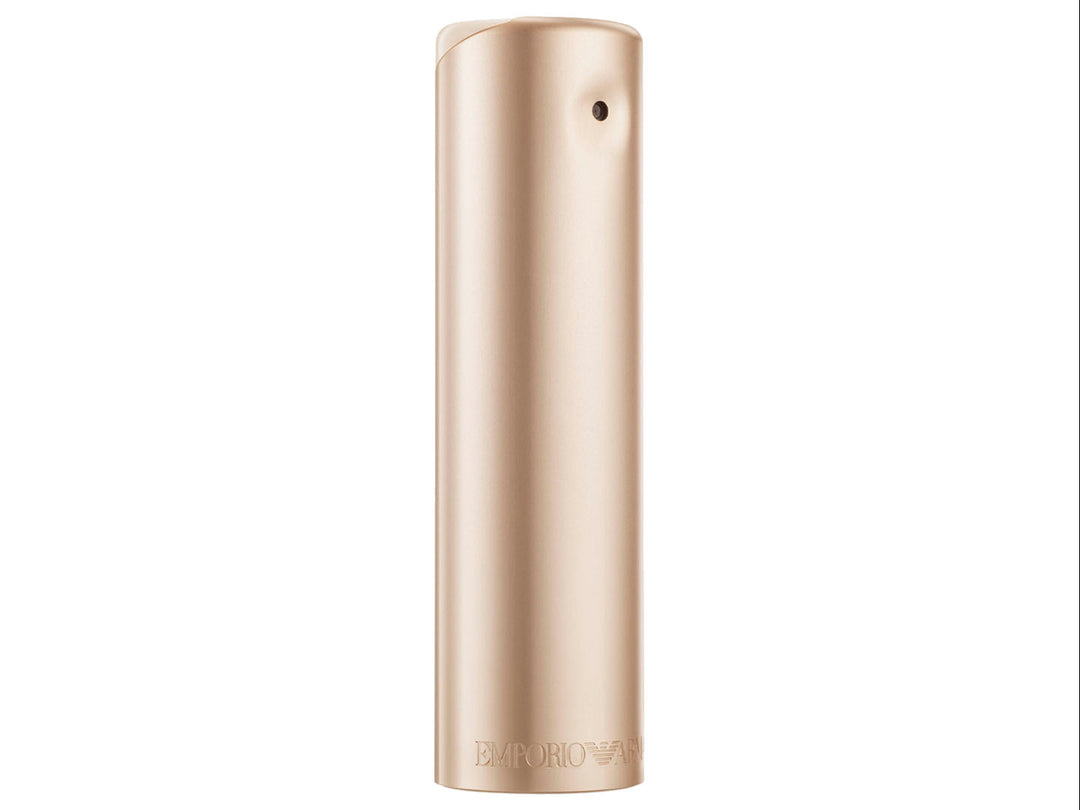 Perfume Emporio Armani Ella en color oro rosa, incluye frasco cilíndrico y caja rectangular.