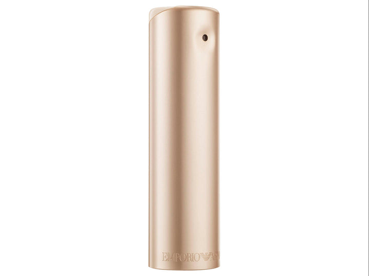 Perfume Emporio Armani Ella en color oro rosa, incluye frasco cilíndrico y caja rectangular.