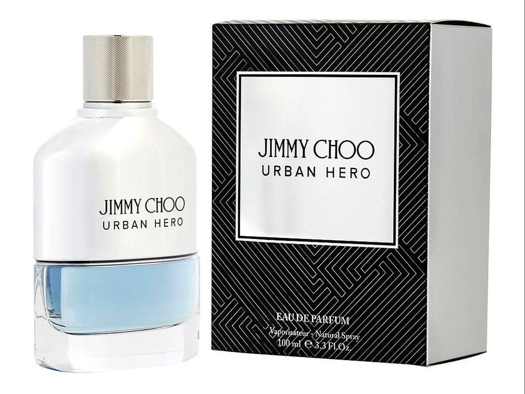 Perfume Jimmy Choo Urban Hero de 100ml con botella plateada y caja negra con patrones geométricos.