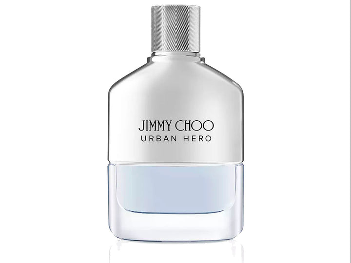 Perfume Jimmy Choo Urban Hero de 100ml con botella plateada y caja negra con patrones geométricos.