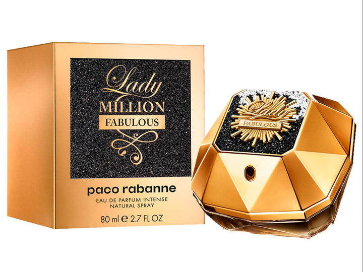 Perfume Paco Rabanne Lady Million Fabulous en frasco dorado con forma de diamante y su caja coordinada.