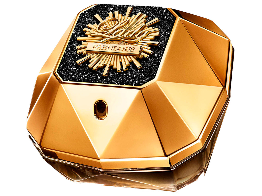Perfume Paco Rabanne Lady Million Fabulous en frasco dorado con forma de diamante y su caja coordinada.