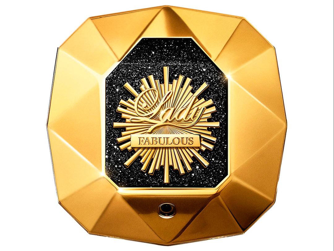 Perfume Paco Rabanne Lady Million Fabulous en frasco dorado con forma de diamante y su caja coordinada.