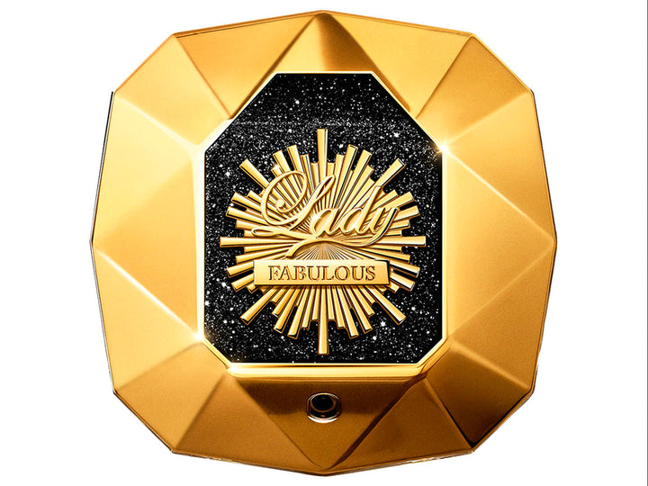 Perfume Paco Rabanne Lady Million Fabulous en frasco dorado con forma de diamante y su caja coordinada.