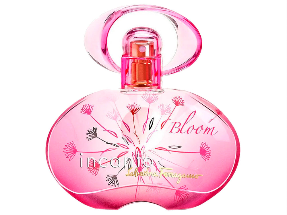 Perfume Salvatore Ferragamo Incanto Bloom de 100ml en botella rosa con diseño floral y su caja correspondiente.