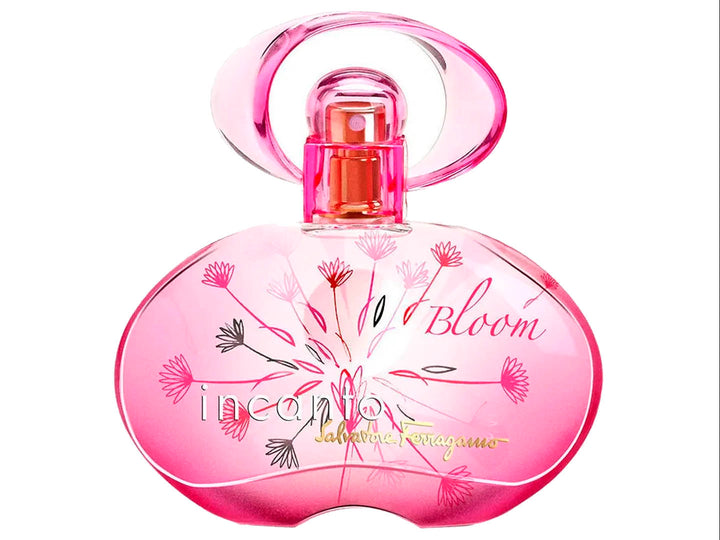 Perfume Salvatore Ferragamo Incanto Bloom de 100ml en botella rosa con diseño floral y su caja correspondiente.