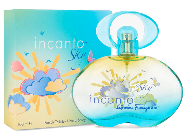 Perfume Salvatore Ferragamo Incanto Sky de 100ml con botella y caja en tonos azul y amarillo con diseño de nubes.