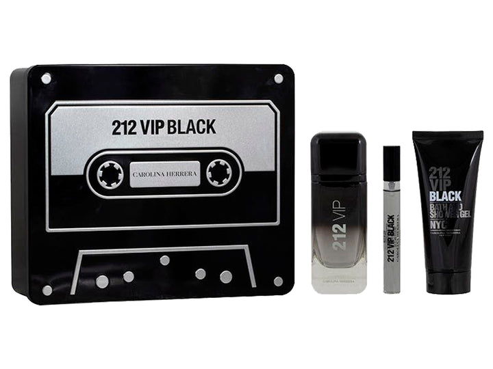 Set de regalo Carolina Herrera 212 VIP Black con fragancia, gel de baño y caja en forma de casete negro.